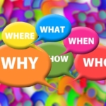 Bunte Sprechblasen mit Fragen Why, Where, What, When, How, Who