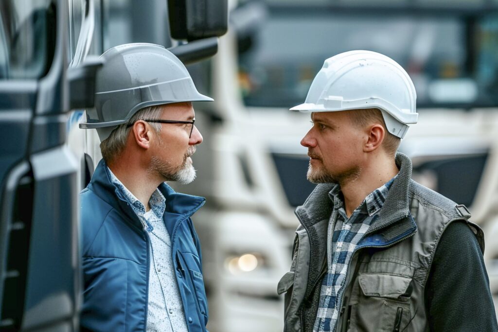 Streit zwischen zwei Handwerkserunternehmern vor Bauwagen Streit zwischen zwei Handwerkserunternehmern vor Bauwagen